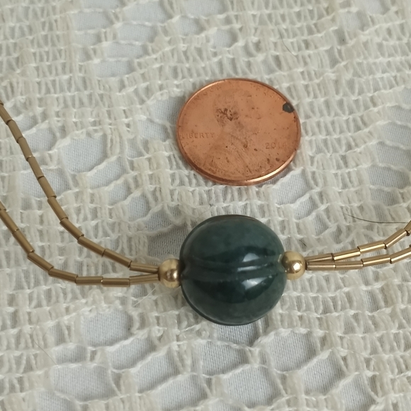1930s Spinach Green Nephrite Jade Carved Melon Pendant Choker 14k 925 Vintage - Picture 4 of 9